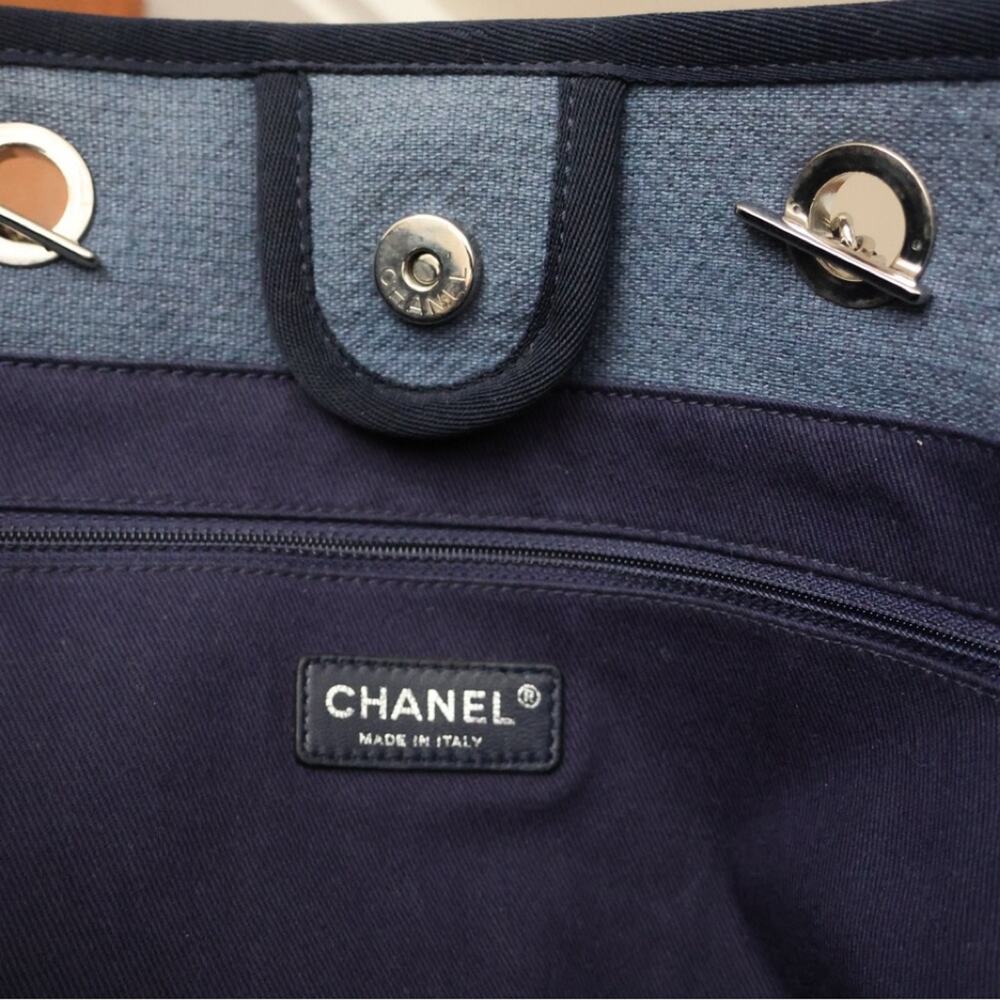 Chanel Deauville Tote Bag Denim Slate Blue Canvas Navy Trim Silver Hardware - Picture 10 of 16